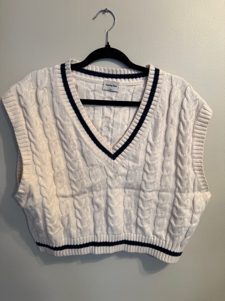 Sunday Best White Cable Knit V-Neck Sweater Vest With Navy Trim